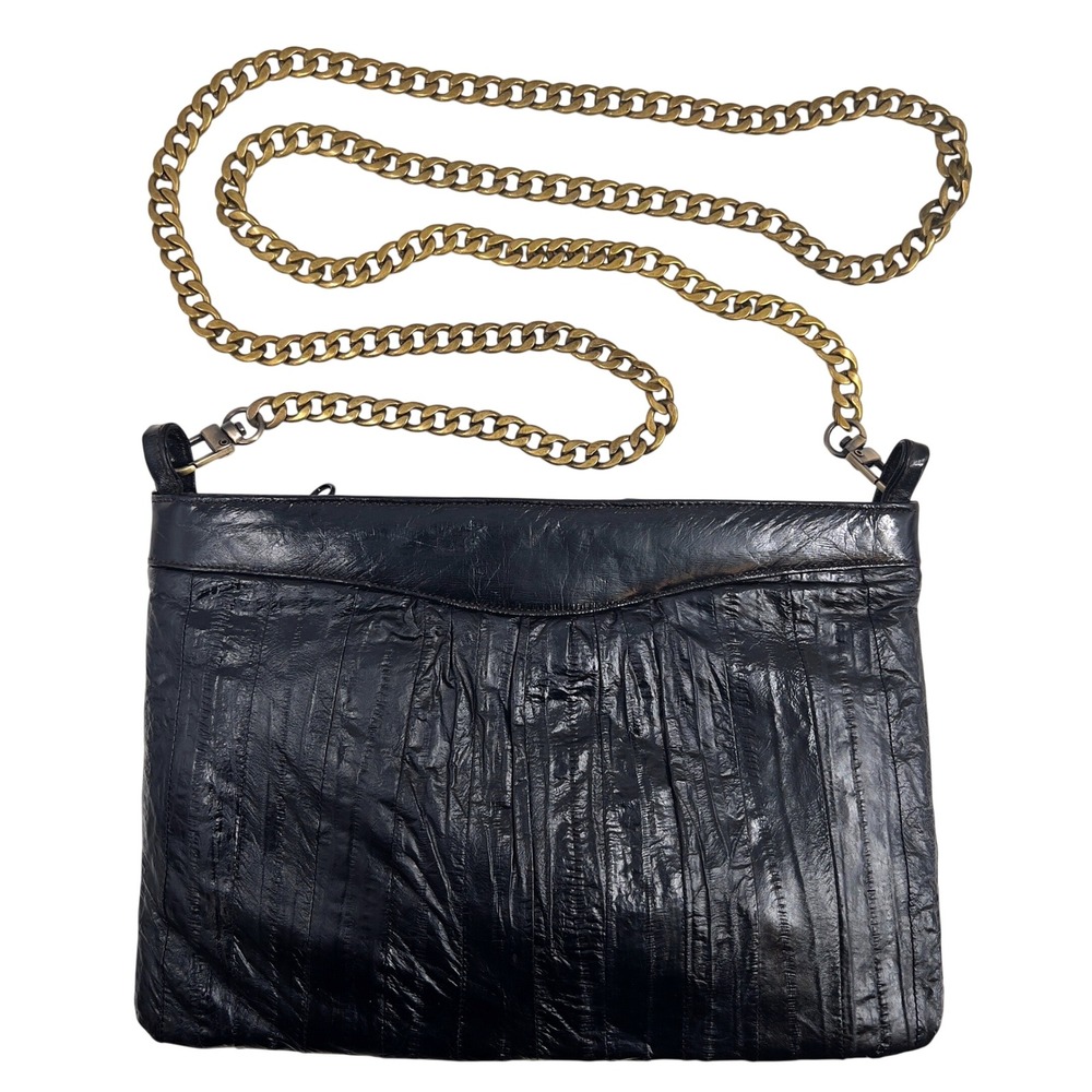 Vintage Victory Black Eel Skin Bag Purse Crossbody Brass Chain Excellent Cond.